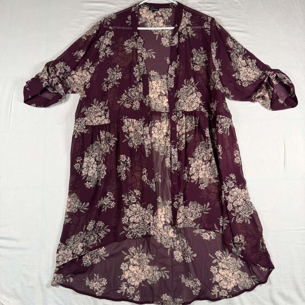 Torrid Size 2 Plus Floral Sheer Kimono Duster Dress Dark Cottagecore Boho 2X